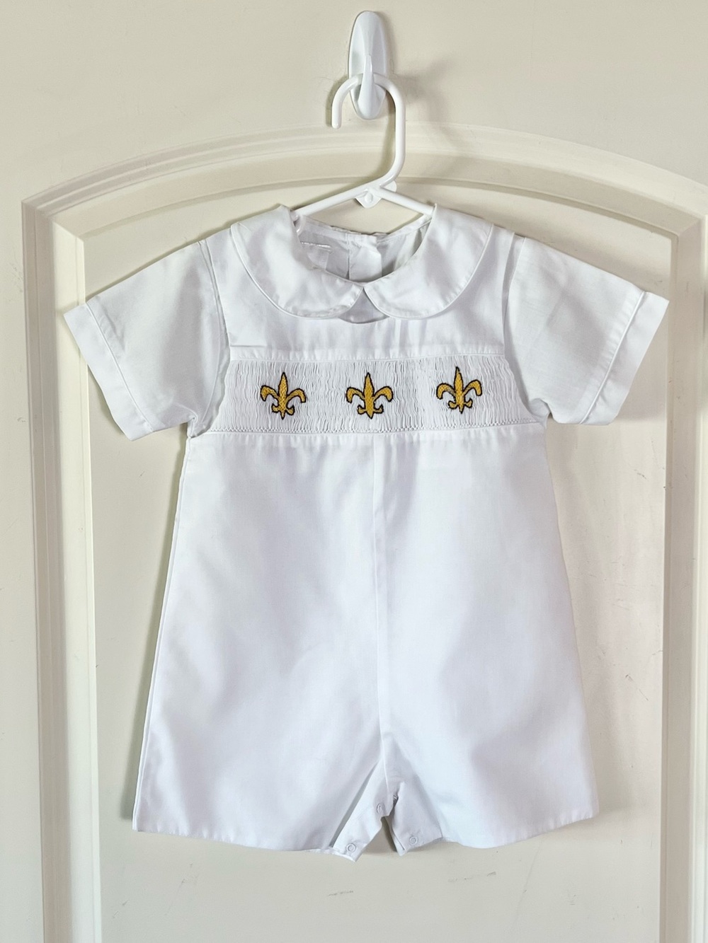 Smocked Fleur de Lis White Shortall Romper Jumper Boys 2T New Orleans Saints